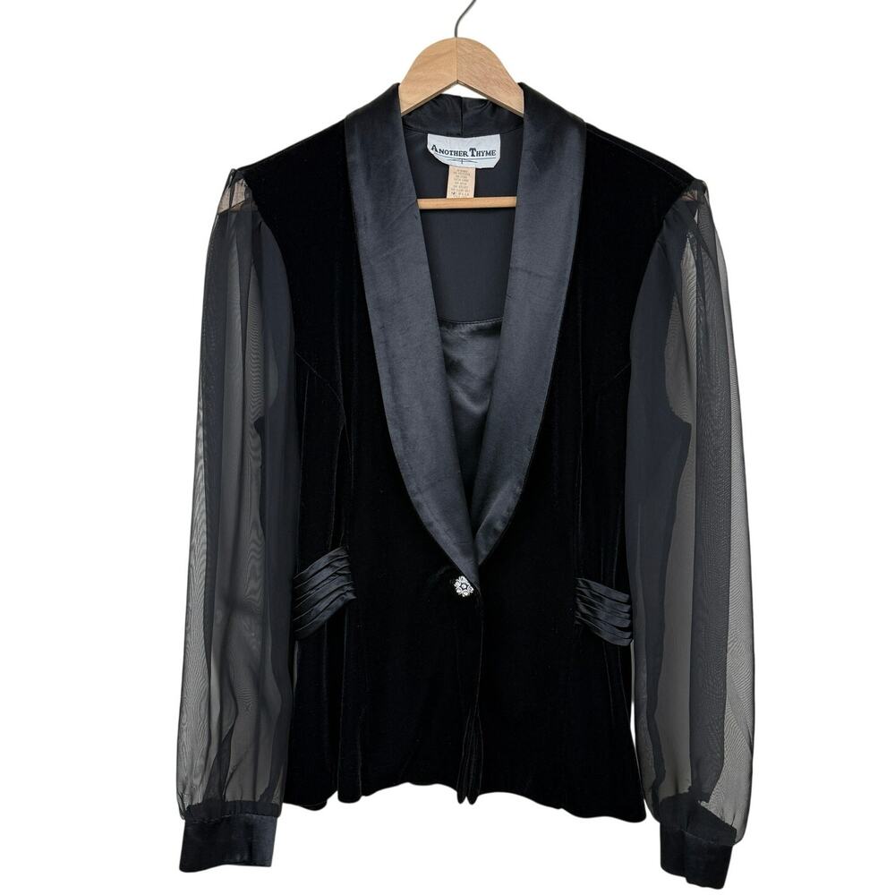 Vintage Tuxedo Blazer Black Blouse Sheer Sleeves Size L Made USA Another Thyme